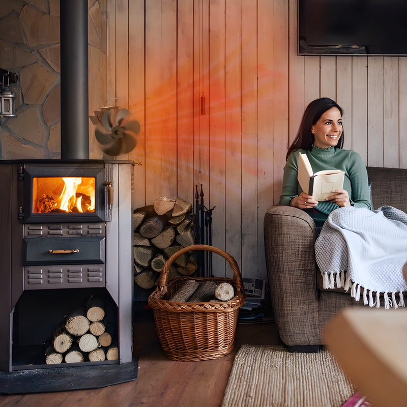 Homezie® Kachelventilator für Holzofen | Inklusive Hitzeschild und Temperaturmesser | 6 Blätter | Ofenventilator | Kaminventilator