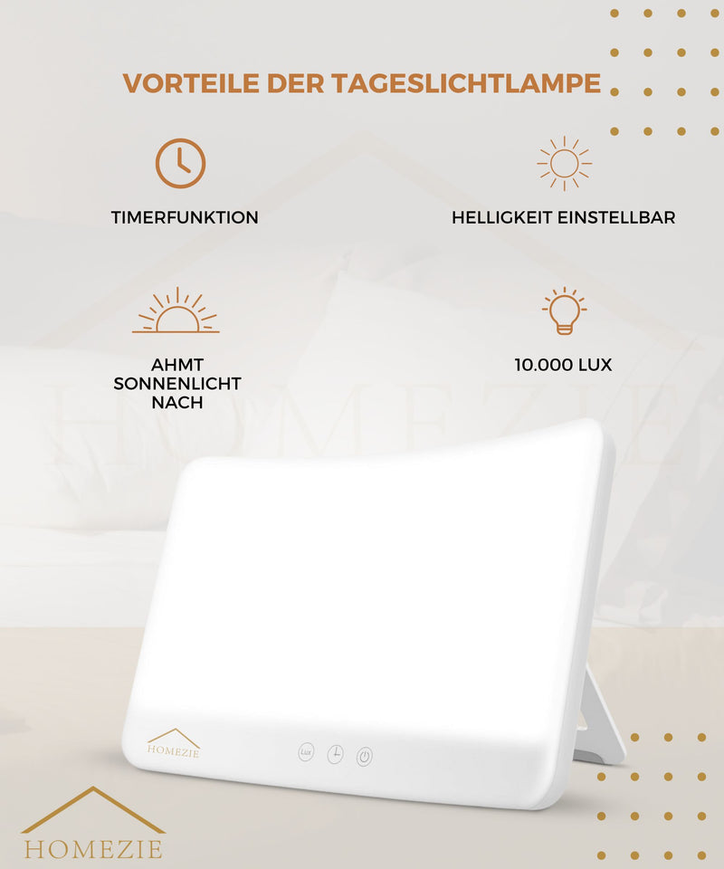 Homezie® Tageslichtlampe | Ingebauter Timer | 10.000 Lux | Lichttherapielampe | 3 Farboptionen