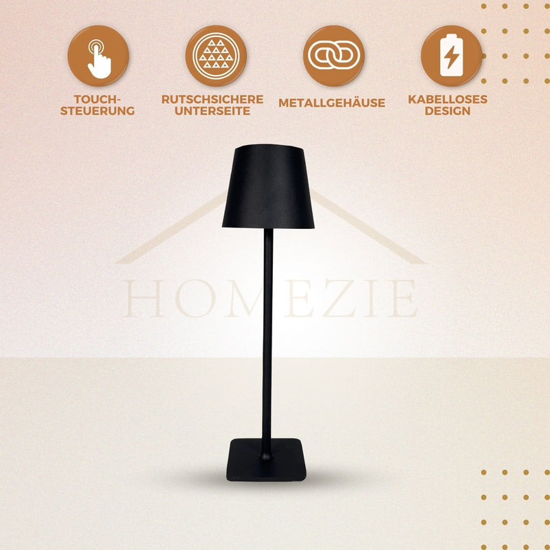 Homezie TouchLite | Kabellose Tischleuchte | Einstellbare Helligkeit | Metalldesign | USB-C wiederaufladbar | Stimmungsvolles Licht