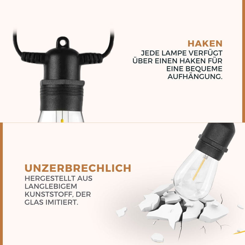 Homezie® Lichterkette | IP65 Wasserdicht | Kunststoff S14 LED-Lampen | Warmweiß | Verbindbar & Dimmbar | In verschiedenen Längen erhältlich