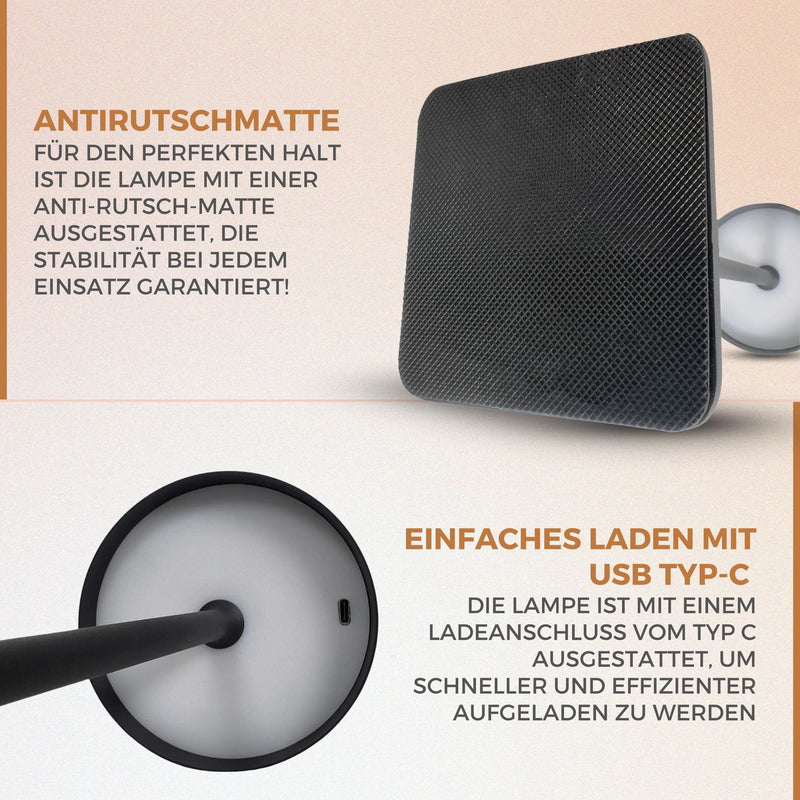 Homezie TouchLite | Kabellose Tischleuchte | Einstellbare Helligkeit | Metalldesign | USB-C wiederaufladbar | Stimmungsvolles Licht