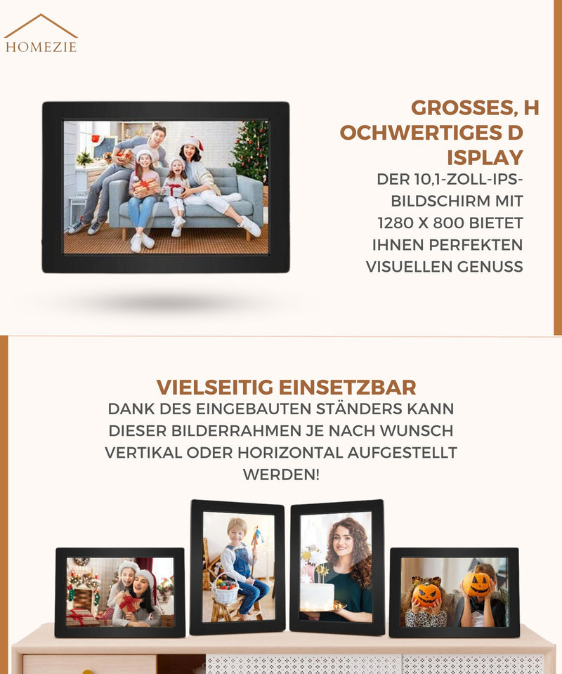 Homezie® Digitaler Fotorahmen | Frameo App | Gestochen scharfe Bilder | 10 Zoll Touchscreen-Display | WiFi Digitaler Fotorahmen