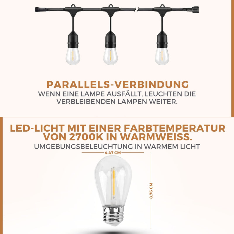 Homezie® Lichterkette | IP65 Wasserdicht | Kunststoff S14 LED-Lampen | Warmweiß | Verbindbar & Dimmbar | In verschiedenen Längen erhältlich