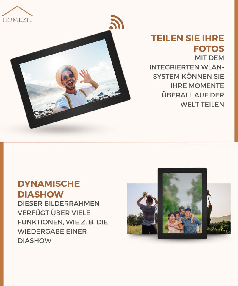 Homezie® Digitaler Fotorahmen | Frameo App | Gestochen scharfe Bilder | 10 Zoll Touchscreen-Display | WiFi Digitaler Fotorahmen