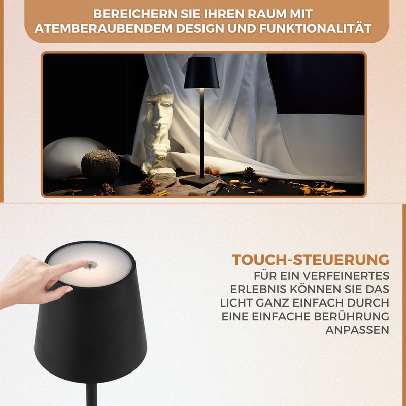 Homezie TouchLite | Kabellose Tischleuchte | Einstellbare Helligkeit | Metalldesign | USB-C wiederaufladbar | Stimmungsvolles Licht