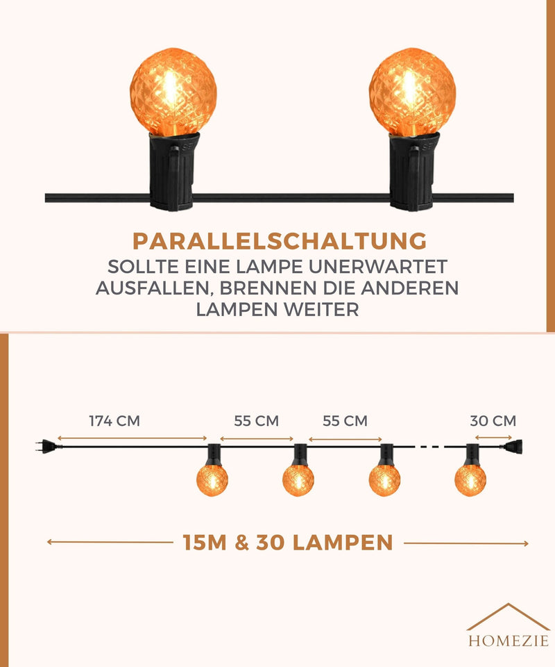 Homezie® Lichterkette 15 Meter mit 30 LED-Birnen | Tannenzapfen-Design | Inklusive 3m Verlängerungskabel mit Dimmer | Wasserdicht | Warmweiß | Verbindbar & Dimmbar