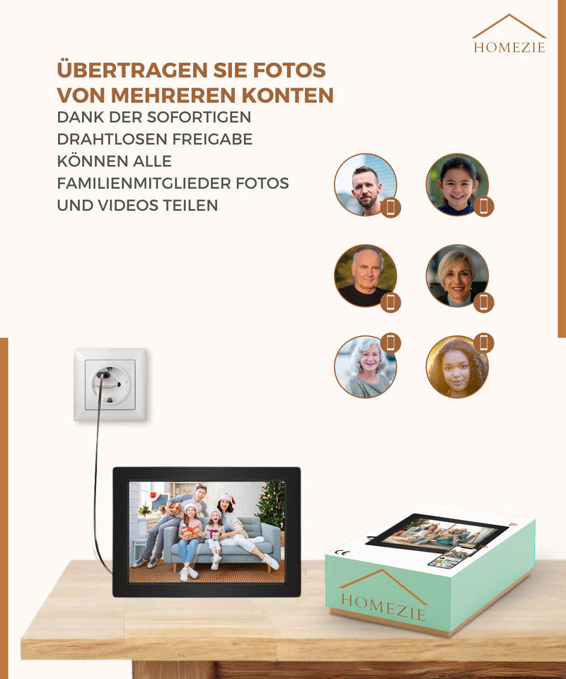 Homezie® Digitaler Fotorahmen | Frameo App | Gestochen scharfe Bilder | 10 Zoll Touchscreen-Display | WiFi Digitaler Fotorahmen