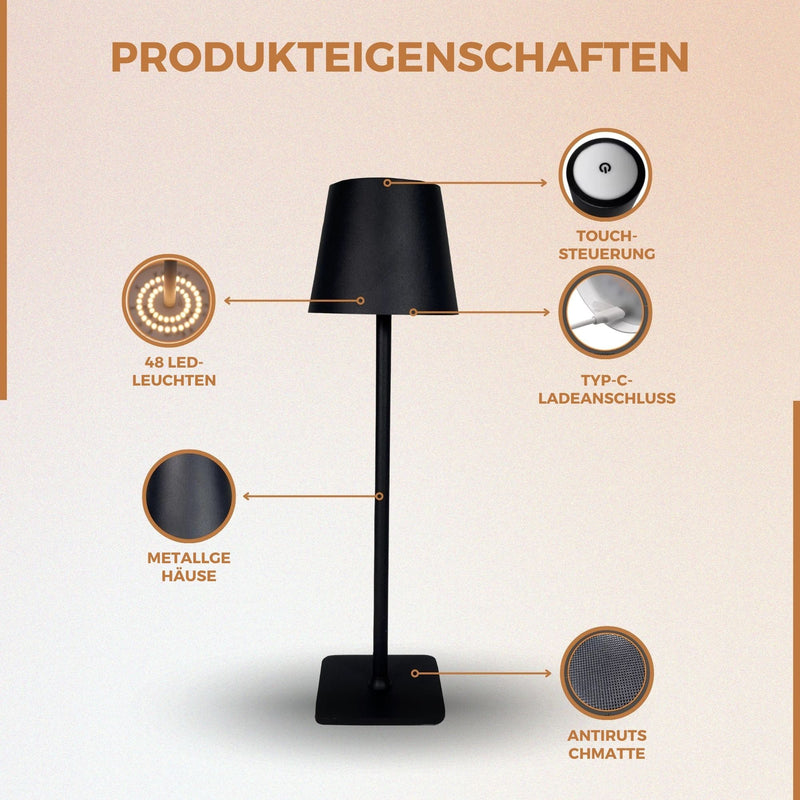 Homezie TouchLite | Kabellose Tischleuchte | Einstellbare Helligkeit | Metalldesign | USB-C wiederaufladbar | Stimmungsvolles Licht