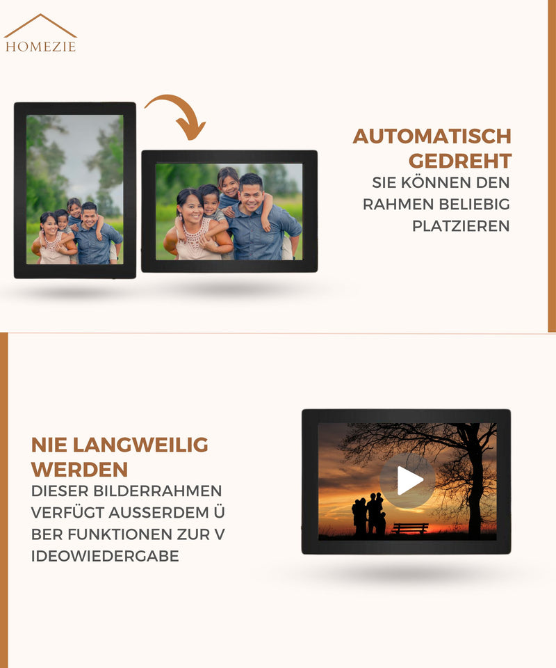 Homezie® Digitaler Fotorahmen | Frameo App | Gestochen scharfe Bilder | 10 Zoll Touchscreen-Display | WiFi Digitaler Fotorahmen