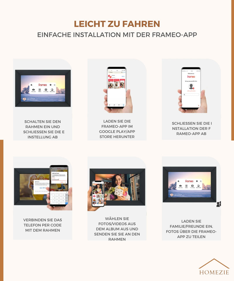 Homezie® Digitaler Fotorahmen | Frameo App | Gestochen scharfe Bilder | 10 Zoll Touchscreen-Display | WiFi Digitaler Fotorahmen