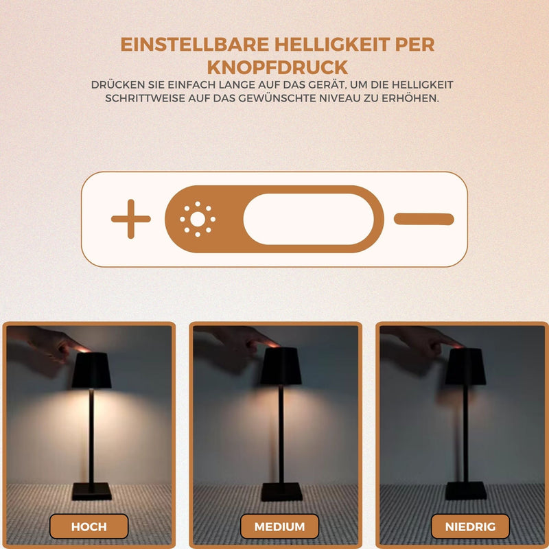 Homezie TouchLite | Kabellose Tischleuchte | Einstellbare Helligkeit | Metalldesign | USB-C wiederaufladbar | Stimmungsvolles Licht