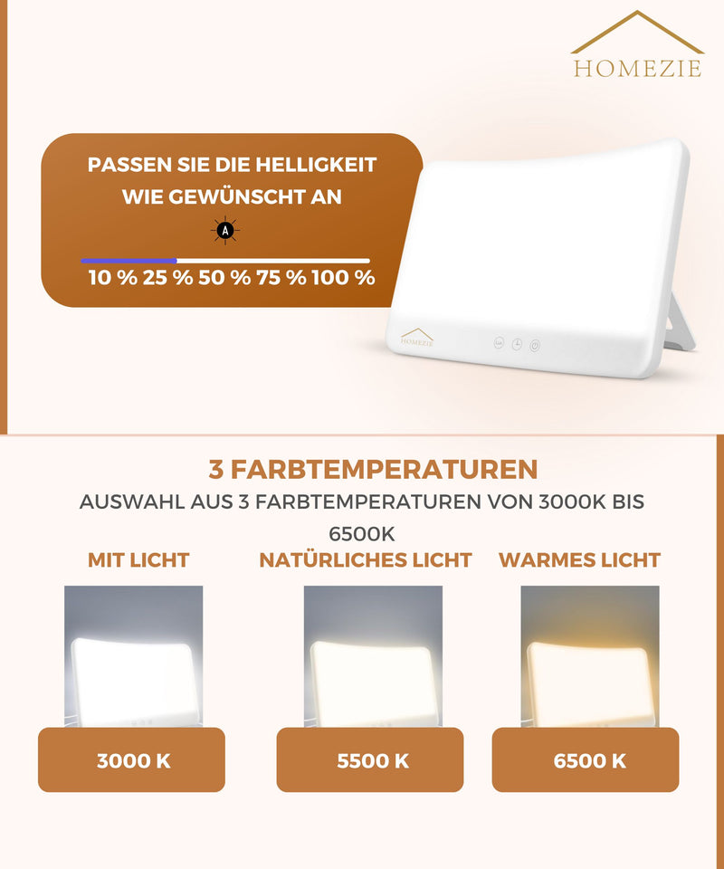 Homezie® Tageslichtlampe | Ingebauter Timer | 10.000 Lux | Lichttherapielampe | 3 Farboptionen