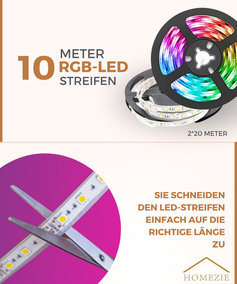 Homezie® LED-Streifen | 10 Meter | Mit App und Fernbedienung | LED-Beleuchtung