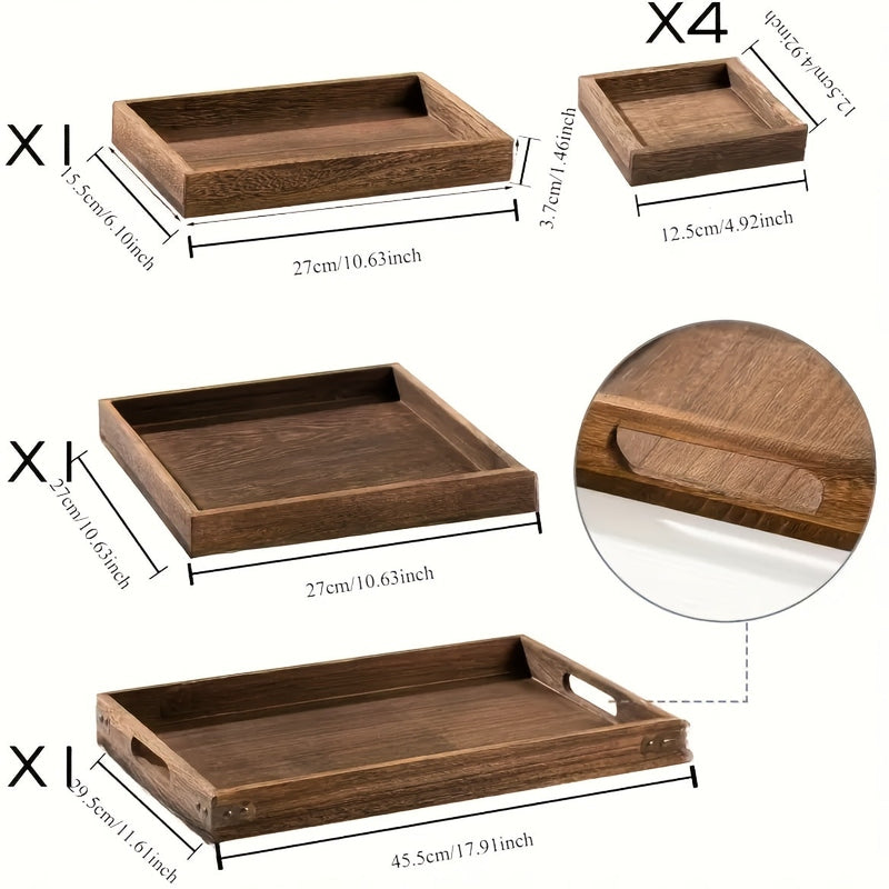 Homezie.de-Homezie Holztabletts | 7-teilige Set Mit Griffen | Für Frühstück Und Wohnzimmertisch