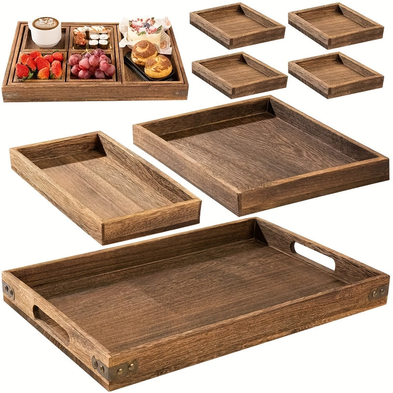 Homezie.de-Homezie Holztabletts | 7-teilige Set Mit Griffen | Für Frühstück Und Wohnzimmertisch