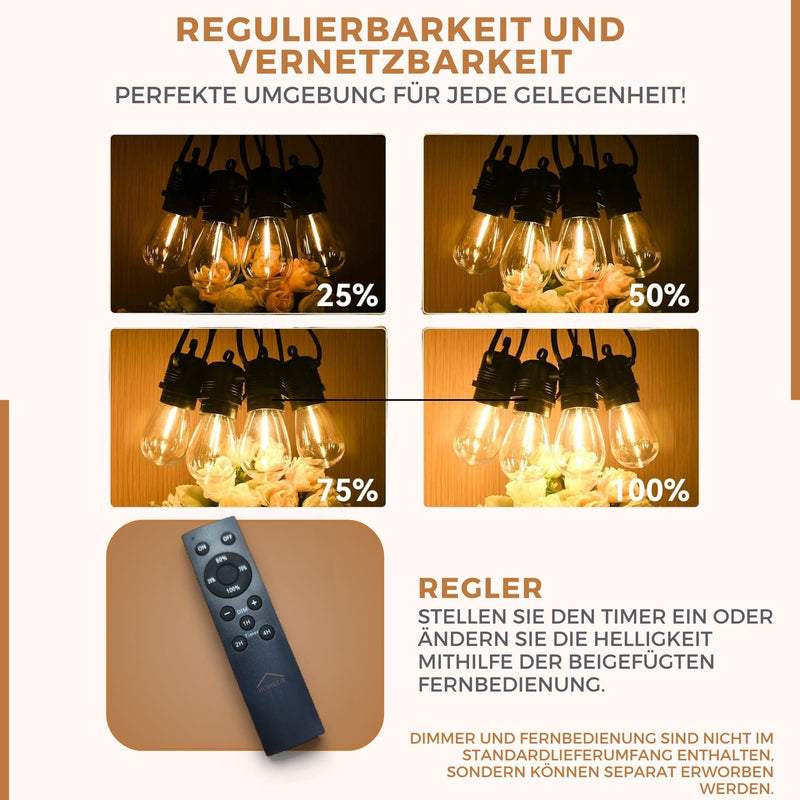 Homezie® Lichterkette | IP65 Wasserdicht | Kunststoff S14 LED-Lampen | Warmweiß | Verbindbar & Dimmbar | In verschiedenen Längen erhältlich